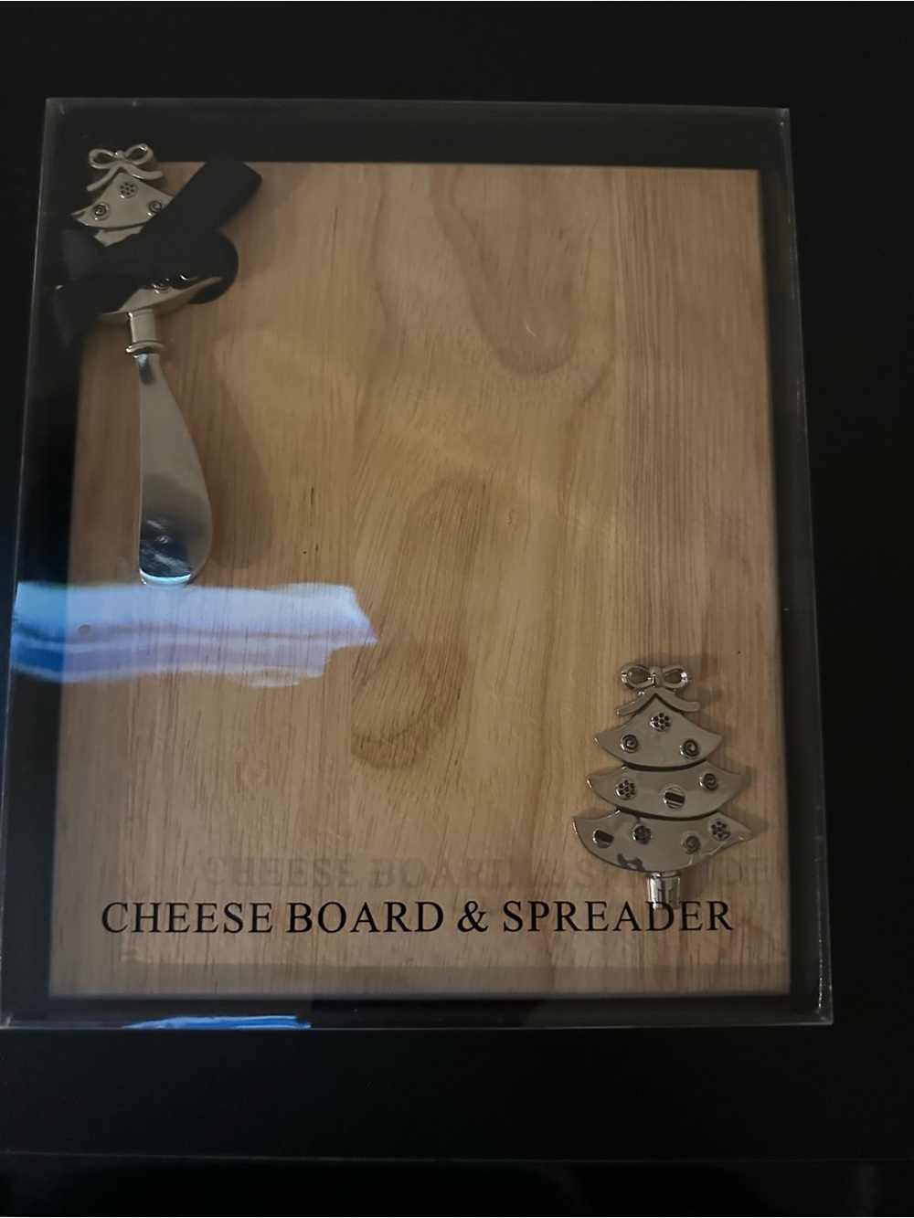 Wood Cheese Board & Spreader Set with Silver Christmas Tree Accents